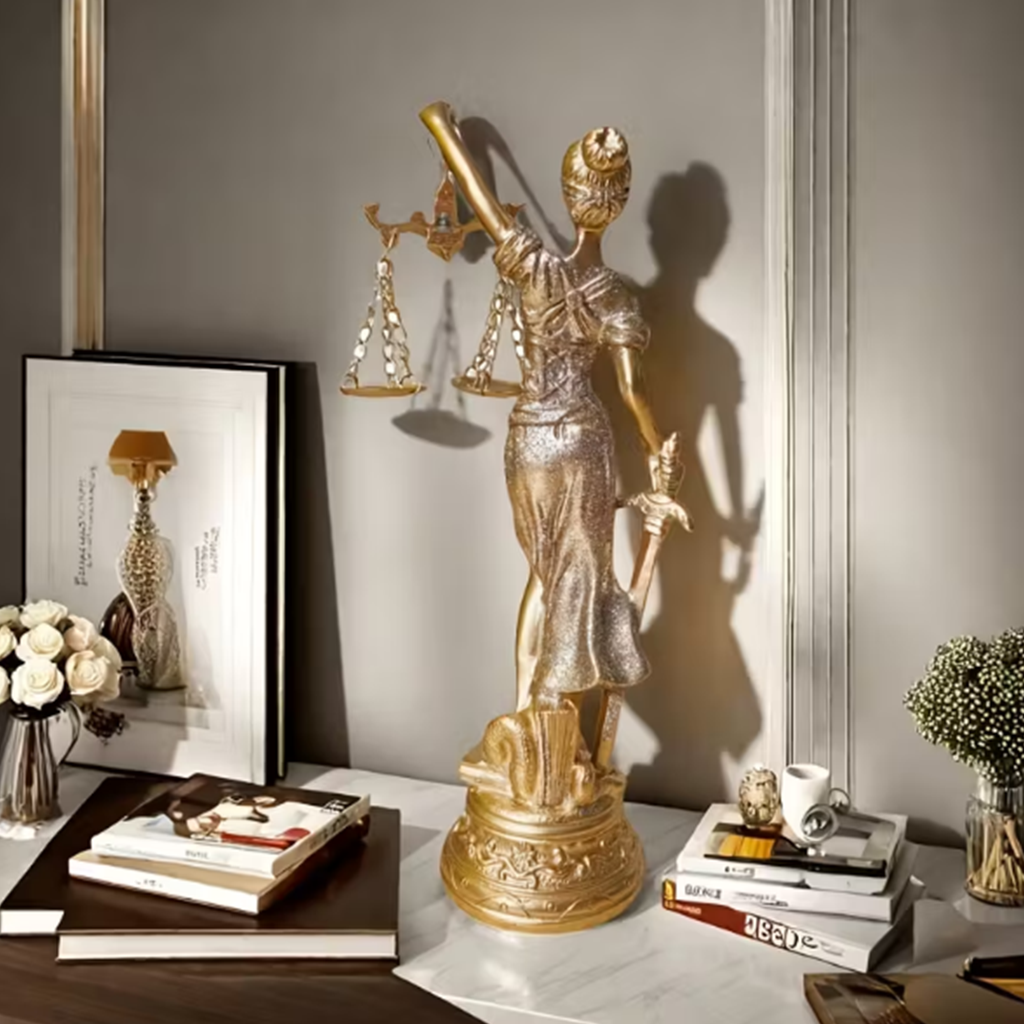 1 Pc Golden Justice Goddess Statue - Greek Law Sculpture with Blindfold, Scales & Sword